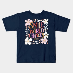 Smile and the world changes, buddha quote with florals Kids T-Shirt